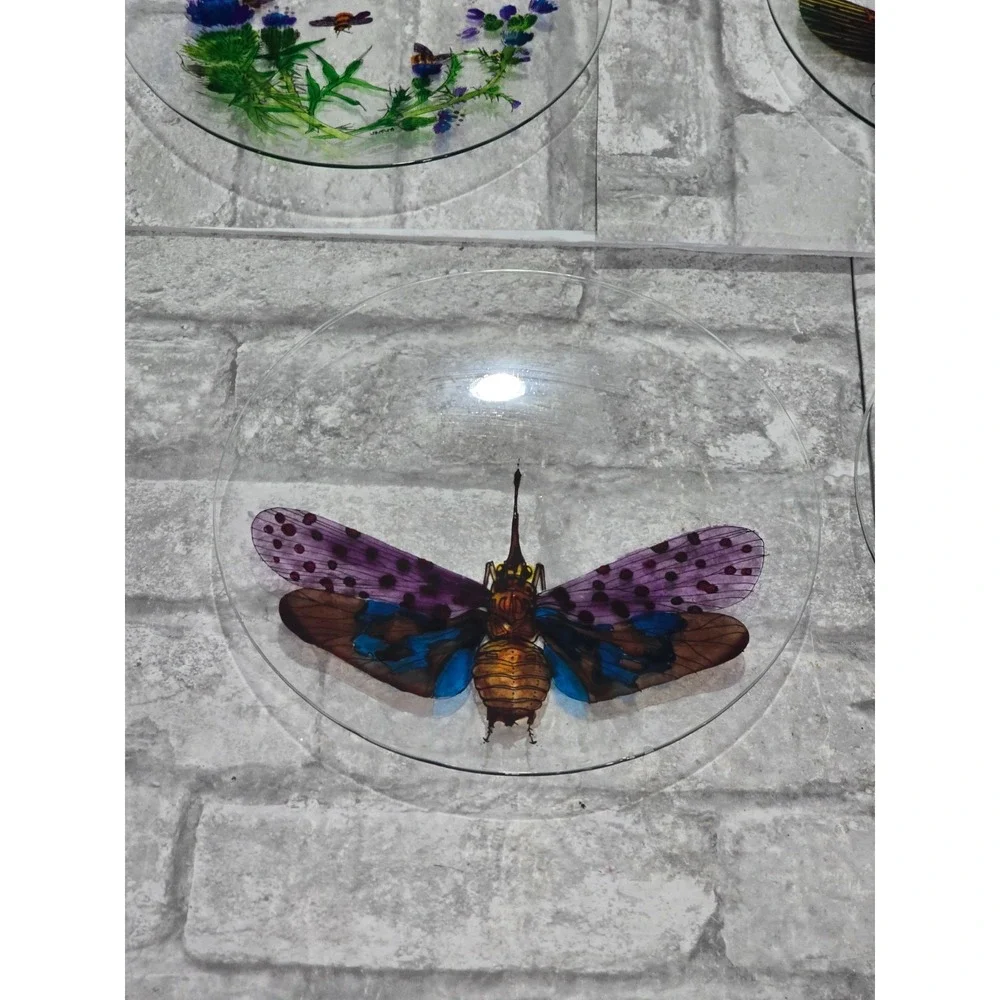Hand painted‎ Signed Glass Salad Dessert Plates Reverse Floral Entomologist